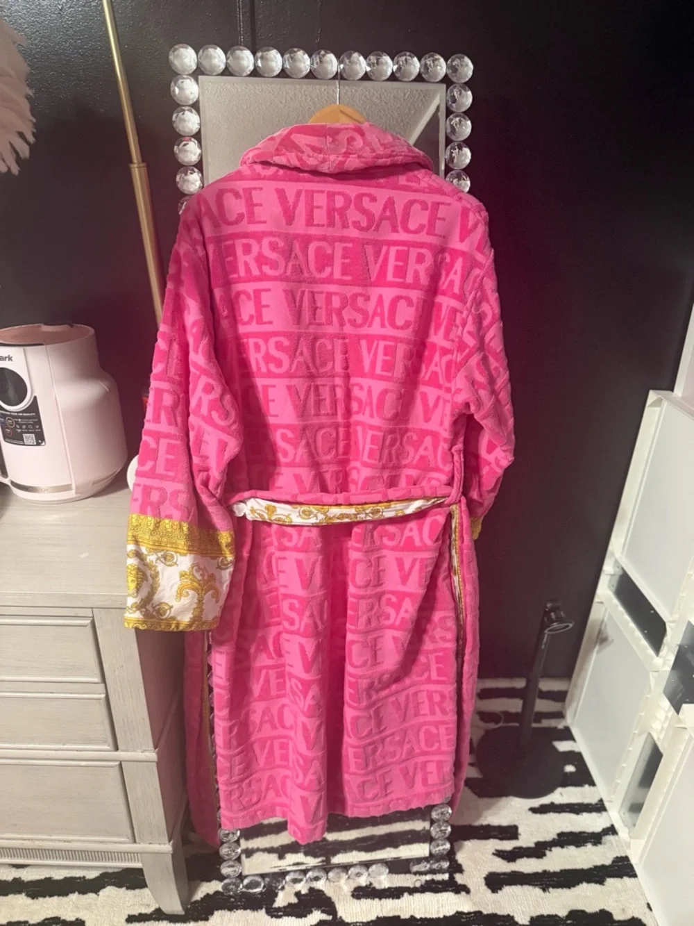 Versace Pink Logo Bathrobe with Gold Baroque Accents